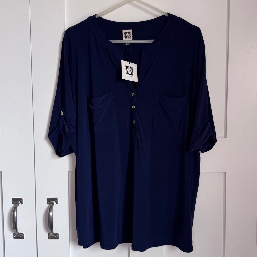 NWT Anne Klein Classic Navy Blouse Gold Buttons Women's Size 3X Roll Tab Sleeves